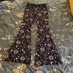 Boho Festival Pants. The No Boundaries Pants From Walmart. Black With White Celestial Design. Soft Flared Pants. Celestial Design, Festival Pants, Flared Pants, Boho Festival, Pants Color, No Boundaries, Flare Pants, Boundaries, Pant Jumpsuit