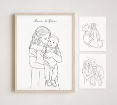 three framed drawings on a wall with a woman holding a baby and a man holding a child