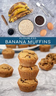 banana muffins stacked on top of each other with chocolate chips and bananas in the background