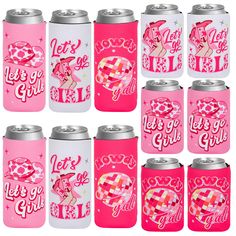 six pink can coolers with the words let's go girl on them and hearts