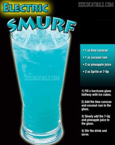 an image of a blue drink with ice on the rim and texting that reads electric smurf