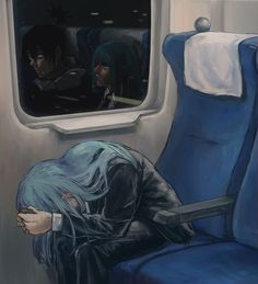 a painting of a person sleeping on a train seat with their head in the window