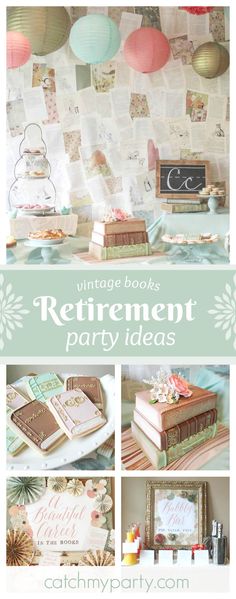 a collage of photos with the words vintage books retirement party ideas on top and below