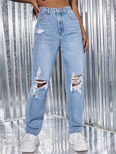 Color : Light WashPattern Type : PlainType : Straight LegClosure Type : Zipper FlyDetails : ButtonDetails : PocketDetails : RippedDetails : ZipperDetails : Raw WashWaist Line : NaturalLength : LongFit Type : Regular FitFabric : Non-StretchMaterial : DenimComposition : 89% CottonComposition : 6% PolyesterComposition : 5% ViscoseCare Instructions : Machine wash, do not dry cleanBody : UnlinedSheer : No Size US Hip Size Length Thigh Waist Size XS 2 36.6 40.9 23.1 26.4 S 4 38.2 41.3 24 28 M 6 39.8 4 Light Wash Straight Leg Jeans, Cute Ripped Jeans, Affordable Jeans, Cute Jeans, Body Positivity, Jean Outfits, Ripped Jeans, Denim Wash, Denim Women