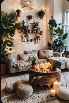 a living room filled with lots of plants and candles