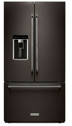 a black refrigerator freezer with the door open and water dispenser on top