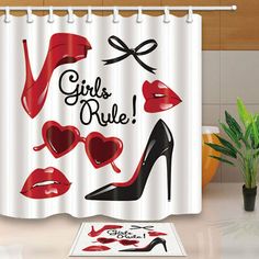 a bathroom with a shower curtain that says girls rule on it and various women's shoes