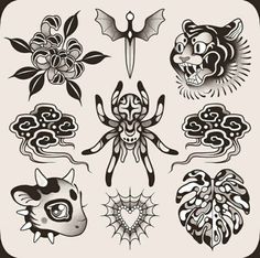 an assortment of tattoo designs including spider, dragon, and flower tattoos on white paper