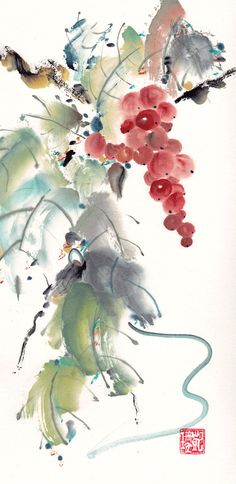 an artistic painting with flowers and birds in the air on a white background that appears to be watercolor