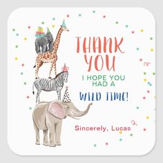 a thank card with an elephant, giraffe and zebra on top of each other