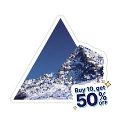 a triangle sticker with the words buy 10 get 50 % off on it in blue and white