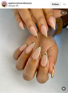 French manicure with a gold twish - Almond shaped Almond French White Nails, Almond Shape Gold French Tip, Almond Nails With Chrome Tips, French Gold Tips, Fun Almond Shaped Nails, Almond Nails With Gold Tips, Almond Overlay Nails, Almond Nails For Black Women, Gold Almond French Tip Nails