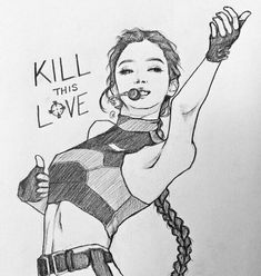 a drawing of a girl with braids holding her hand up in the air and pointing at