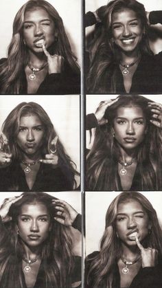 black and white photos of a woman brushing her hair with different angles to the side