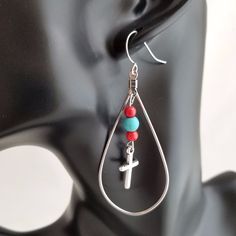 Handmade Cross Teardrop Dangle Silver Earrings With Turquoise And Red Beads Approx. 2.5 In. Handmade With Love Silver Beaded Teardrop Earrings As Gift, Silver Beaded Teardrop Earrings For Gift, Red Teardrop Earrings With Dangling Beads, Gift Teardrop Earrings With Dangling Beads In Sterling Silver, Sterling Silver Teardrop Earrings With Dangling Beads For Gifts, Sterling Silver Teardrop Earrings With Dangling Beads, Gift Sterling Silver Teardrop Earrings With Dangling Beads, Hypoallergenic Silver Teardrop Beaded Earrings, Silver Teardrop Earrings With Dangling Beads For Gift