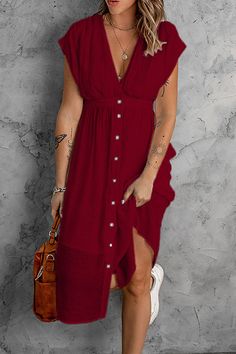 Button V Neck Midi Dress Midi Dress Outfit, V Neck Midi Dress, Solid Color Dress, Style Upgrade, Large Buttons, Midi Dress Sleeveless, Fashion Colours, Waist Dress, Types Of Skirts