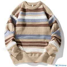 Orcajump - Striped Color Block Sweater, Round Neck Casual Fashion Sweater, Women's Clothing Casual Striped Color Block Sweater, Vintage Striped Crew Neck Sweater, Cheap Cozy Color Block Sweater, Cheap Crew Neck T-shirt With Horizontal Stripes, Multicolor Ribbed Crew Neck Sweater, Kinds Of Clothes, Color Block Sweater, Sweater Fashion, Round Neck