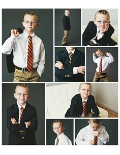 a collage of photos shows a young boy in business attire and ties, posing for the camera