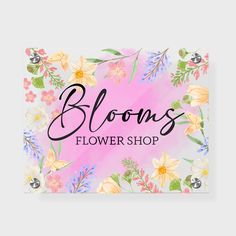 the bloom's flower shop logo on a pink and white background with flowers around it