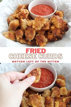 fried cheese curls with tomato dipping sauce on the side and in small white bowls next to each other