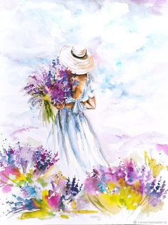 a watercolor painting of a woman in a white dress and straw hat holding flowers