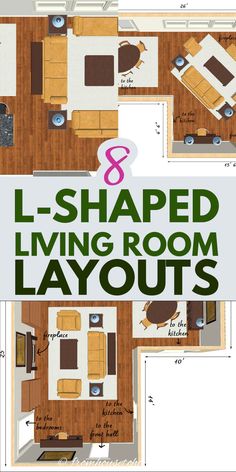 an overhead view of a living room layout with the text 8 shaped living room layouts