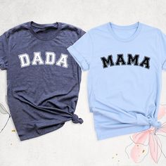 "Mama Dada Shirt, Family Matching Shirts, Mothers day gift Mama Shirt, Fathers day Dad Shirt, Pregnancy Reveal shirt, Baby Announcement Shirt Hello, Thanks for your support. Your gladness comes first and all work is done with LOVE in here. Always keep your support please:)   Mama Dada Couples  shirts are branded Bella+Canvas.  Mama Dada Couples  Shirt Contents: - Solid colors: %100 Cotton. - Heather colors: %52 Cotton + %48 Polyester * This ultra-soft graphic tee is made from a comfortable cotton-poly blend that is breathable, non-shrinking, and lasts longer than your average graphic shirt. HOW TO ORDER YOUR MAMA DADA COUPLES SHIRT -Please, Check and Review all Mama Dada Couples  Shirt Photos. -Select Your Mama Dada Couples  T-Shirt Size and Mama Dada Couples T-Shirt Color from drop down m Custom Text Top For Mother's Day Gift, Blue Family Matching Tops For Father's Day, Cute Crew Neck Shirt For Father's Day, Mother's Day Cotton Shirt With Letter Print, Cute Father's Day Shirt With Crew Neck, Blue Letter Print T-shirt For Family, Funny Text Cotton Shirt For Gift, Family Matching Personalized Blue T-shirt, Graphic Tee Shirt For Mother's Day Gift