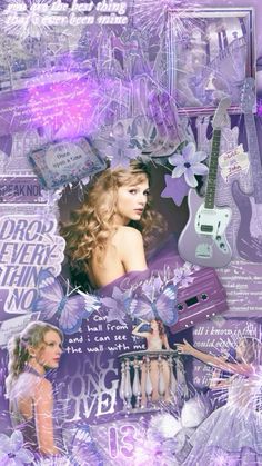 a collage of purple and white images with guitars, flowers, and other items