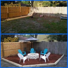 before and after pictures of an outdoor fire pit in the back yard with chairs around it