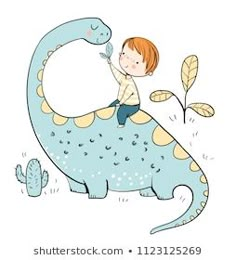 a little boy riding on the back of a dinosaur with a toothbrush in his mouth