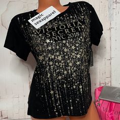 New With Tags Victoria’s Secret Fashion Show Nyc 2018 T-Shirt Crewneck Tee Sleep Pajamas Loungewear Very Sexy Glitter Shine Bling Stars Super Soft Logo Size Extra Small Small Medium Large Price Firm Victoria's Secret Crew Neck T-shirt, Letter Print T-shirt For Night Out, Trendy Black T-shirt With Glitter Print, Black Glitter Print Top For Night Out, Casual Black Tops With Glitter Print, Black Glitter Short Sleeve T-shirt, Black Glitter T-shirt With Short Sleeves, Black T-shirt With Glitter Print And Short Sleeves, Black Short Sleeve T-shirt With Glitter Print