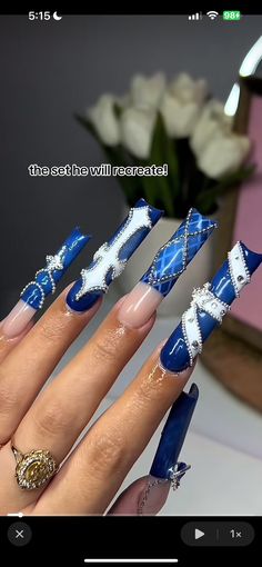 Blue Latina Nails, Nails Acrylic Dark Blue, Nail Inspo Coffin Long, Dior Nails Design, Blue Nails Stiletto, Blue Airbrush Nails, Blue Baddie Nails, Blue Chrome Nails Designs, Nail Photoshoot Ideas