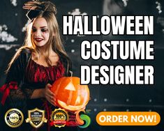 a woman dressed up as a witch holding a pumpkin with the words halloween costume designer on it