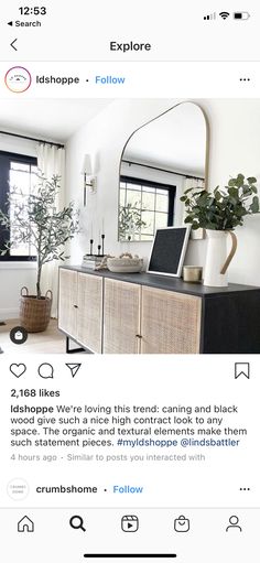 an instagram page with a photo of a living room