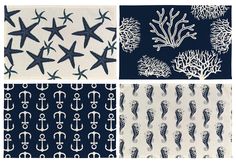 four different patterns with black and white sea animals, corals, and starfish