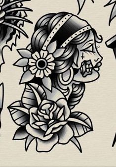 an old school style tattoo design with flowers and skulls on the back of their head