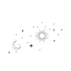 a black and white drawing of the sun, moon and stars