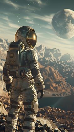 an astronaut standing on top of a rocky surface