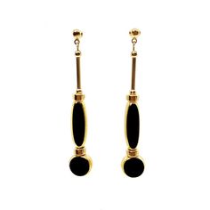 Classic Black Enamel Earrings For Evening, Vintage Gold Long Drop Earrings, Antique Teardrop Earrings For Evening, Victorian Teardrop Earrings For Evening, Vintage Formal Drop Earrings, Formal Vintage Drop Earrings, Gold Onyx Earrings For Evening, Yellow Gold Drop Earrings With Black Enamel, Vintage Black Enamel Earrings For Gifts