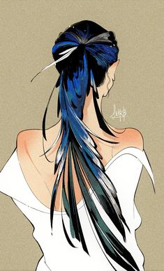 a drawing of a woman with blue feathers in her hair