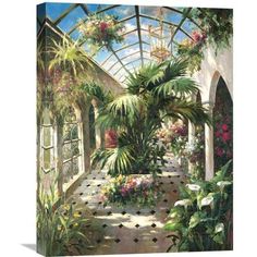 a painting of a greenhouse with potted plants and flowers on the walkway leading to it