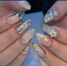 Aespa Core Nails, Txt Inspired Nails, Silver Star Nails, Aespa Nails, Quartz Nails, Formal Nails, Cute Nail Art Designs