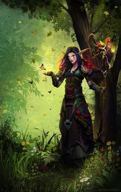 a painting of a woman standing in the woods with her hands out and holding a wand