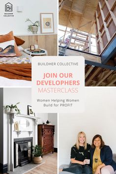 two women sitting on a bed in front of a fireplace and some wooden slats