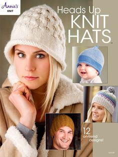 a woman wearing a knitted hat with two photos of her and the caption reads heads up knit hats