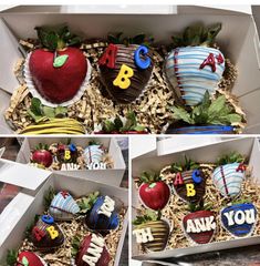 four pictures of chocolate covered strawberries in a box with thank you written on them