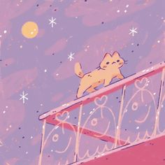 a cat that is sitting on top of a railing looking at the stars and moon