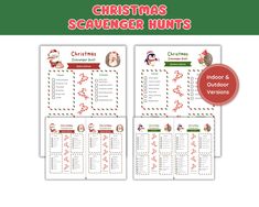 two christmas scavenger hunts with santa claus and snowman on them, both in red