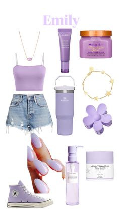 the contents of a woman's purple outfit including shoes, nail polish and cosmetics