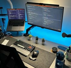 a computer desk with two computers on it